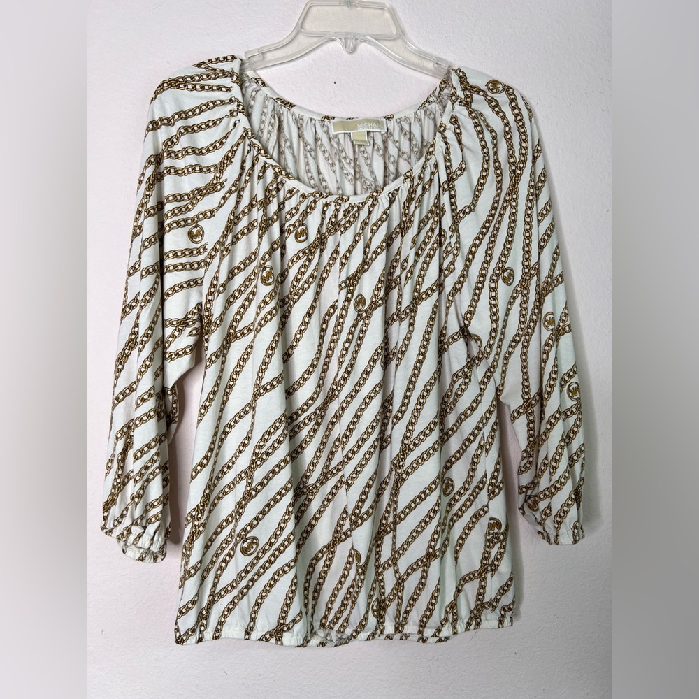 Michael Kors Women’s Cream/Gold Chain Pattern Peasant Blouse SZ S